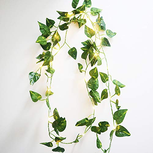 FLCSIed Green Leaf Garland String Lights - Vine Fairy Lights - 6.5ft 20 LED Flexible Copper Perfect for Indoor, Bedroom, Wedding, Party Decorations(Warm White)