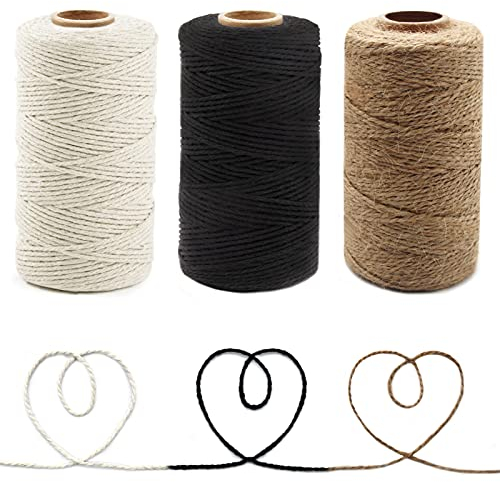 Anvin 984 Feet Baumwollschnur, natürliche Jute-Schnur, Verpackungsschnur, Bäckergarn, schwarze Schnur, weiße Schnur, Verpackung, Metzger, Backen, Kunst und Handwerk, Gartenarbeit (3 Stück, 10-lagig, 2