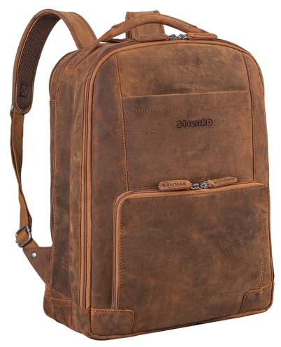 STILORD 'Harlow' XL Leather Backpack for Men | Vintage Laptop Backpack for 15-17 Inch | Large Work Backpack with Compartments | Trolley Attachable | Genuine Leather, Colour:tan - Dark Brown