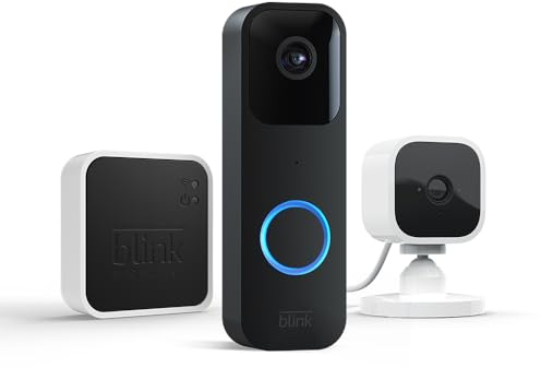 Blink Videotürklingel (Video Doorbell, Schwarz) + Sync Module 2 + Blink Mini (Weiß)| Überwachungskamera, Gegensprechfunktion, lange Batterielaufzeit, App-Benachrichtigungen bei Klingeln (schwarz)