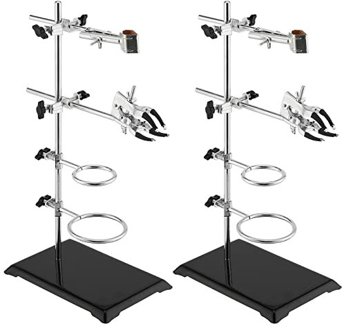 SEUNMUK 2 Pack Lab Stand Set, Lab Grade Stand Support Set with Coated Base, 4 Retort Rings, 2 Flask & Burette Clamps