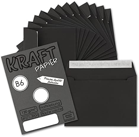 50x Vintage Umschläge in Schwarz - DIN B6 125 x 176 mm - 120 g/m² Kraftpapier Recycling Umschläge Haftklebung - GUSTAV NEUSER
