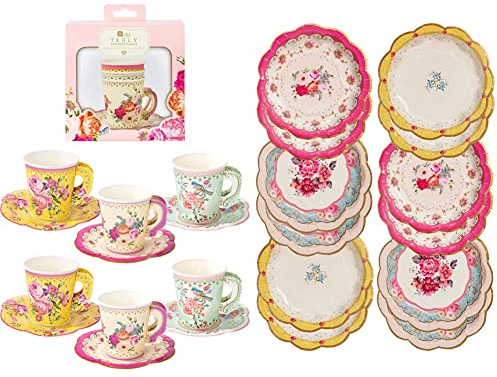TalkingTablesVintage Floral Tea PartyPaper Cups and SaucersPack of 12Mixed Colours & Pack of 12 (17cm) Disposable Tea Party Vintage Floral Pretty Paper Plates | Truly Scrumptious Elegant Party Plates