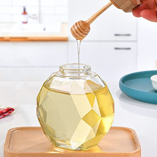 TINGJUNN Kristallglas Honigglas, Holzdeckel mit Löffel, Glas Honigspender 380ml/500g, für Home Storage Container
