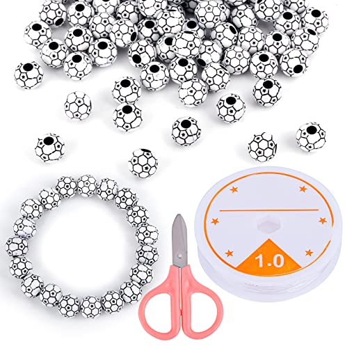 AIEX 100 Stück Fußball Perlen, 10 mm Fußball Perlen Set mit 1 Rolle Elastischem Kristallseil, Acryl Perlen für Die Schmuckherstellung Armbänder Basteln Dekorationen Sportpartys