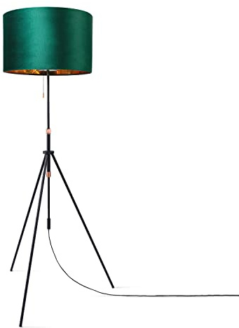 Paco Home Pendelleuchte Stehleuchte Dreibein Wohnzimmer Lampenschirm Velours Unifarben Deko Vintage Samt E27 Textilkabel, Farbe:Grün Gold (Ø45.5 cm), Leuchtenart/Farbe:Stehleuchte Typ 2 - Schwarz