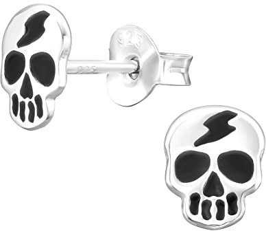 Skull Earrings with Lightning Bolt .925 Sterling Silver Halloween Gothic