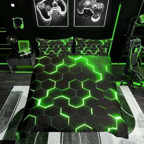 Geometric Duvet Cover Super King Teen Boys Green Black Neon Light Honeycomb Bedding Set Hexagon Comforter Cover Modern Fashion Bedspread Cover 2 Pillow Cases Home Room Decor