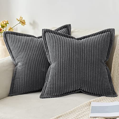 MIULEE Kordsamt Kissenbezug Weiche Kissenhülle Dekorative Sofakissen Quadratische Dekokissen Moderne Zierkissenbezug Gestreifte Kissenbezüge für Wohnzimmer Schlafzimmer 2 Stück 50x50 cm, Dunkelgrau