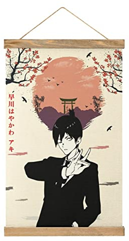 YBEL Aki Hayakawa Kettensäge Mann Scroll-Poster Stoff Bild Kunst Holz DIY Rahmen Hängender Druck Aufhänger für Raumdekoration Öl Leinwand Kit Geschenk
