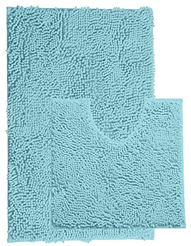 Pinkfairy Luxury Loop Chenille Bath Mat Sets - 2 Piece for Bathroom | Slip-Resistant Bath Mats Rugs, Extra Soft and Absorbent Anti Slip Shower & Bathtub Rug Sets (Turquoise)