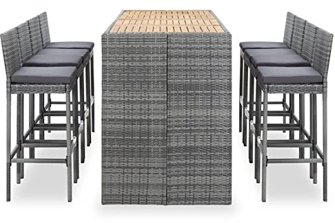 Yolola Bartisch Mit Barhocker Set 9-TLG Garten Barset mit Kissen Polyrattan Bartisch Set Poly Rattan Theke Bar Gartenmöbelset Gartenbar Sitzgruppe Poly Rattan und Akazienholz Grau