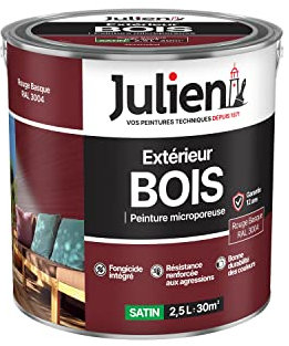Julien Peinture Bois Microporeux Extérieur Satin - Portes, fenêtres, portails, mobilier de jardin - Rouge Basque 2,5 L
