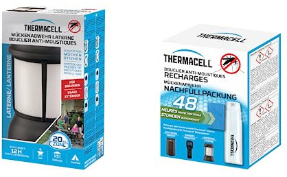 THERMACELL Lampe Anti Moustiques et Moustiques Tigres + Recharge - Extérieur, Jardin, Terrasse - Sans Fil - Protection efficace 20 m²-Inodore-Durée 60h-5 Cartouches Gaz + 15 plaquettes -Lanterne -Noir