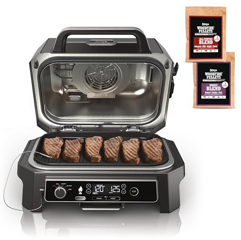 Ninja OG850 Woodfire Pro XL Barbecue et fumoir d'extérieur avec thermomètre intégré, grill principal 4 en 1, fumoir pour barbecue, friteuse à air extérieur, cuire, portable, électrique, bleu