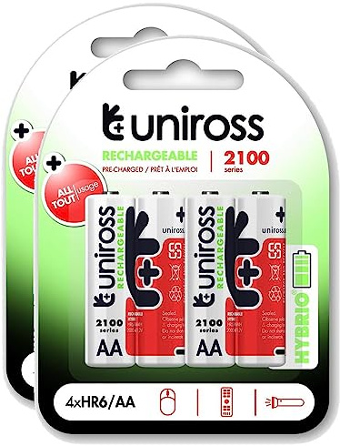 Uniross Pack of 2 x 4 Rechargeable Batteries AA/HR6 2500 NIMH HYBRIO, 1.2 V