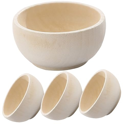 BESTonZON Jouets Lot de 4 petits bols en bois pour mini décor en bois non peint - Petits bols en bois miniatures - Bol en bois - Modèle de cuisine simulée - Couverts pour enfants