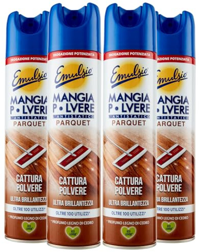 Emulsio El spray de parquet antiestático atrapa el polvo para suelos de madera ultra brillante perfumado con madera de cedro – 4 botes de spray de 300 ml cada uno
