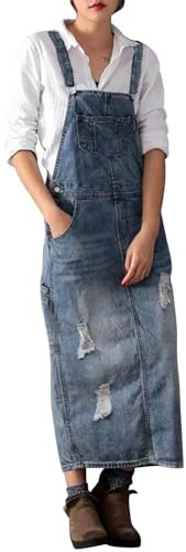 Womens Vintage Classic Suspender Long Denim Skirts Washed Distressed Dungarees Dress Skirts Ripped Holes Pinafore Overalls(UK 20/Tag 5XL,Light Blue)