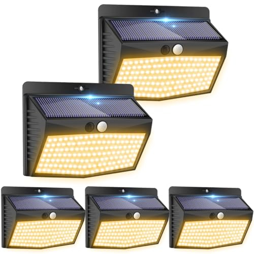 Peasur Lampe Solaire Extérieur Blanc Chaud, Lot de 5 Lumiere Solaire Exterieur Détecteur de Mouvement 3 Modes 138 LED Eclairage Exterieur Solaire étanche pour Jardin