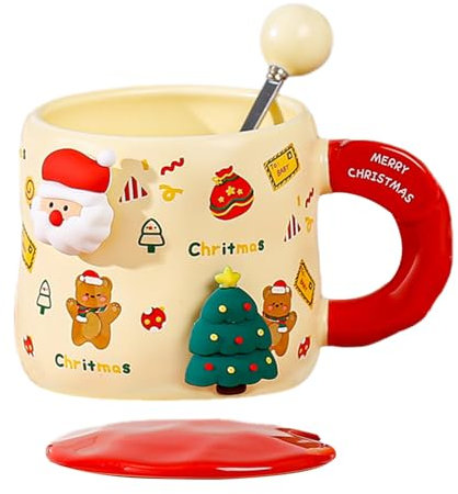 jiyun 400ml Tasse de Noel, Tasses de Vacances avec Couvercle et cuillère, Tasse à café magnétique Festive, Mug de Noël Tasse à café avec Motif de Noël Tasse à café, Tasse à Café de Noël en Céramique