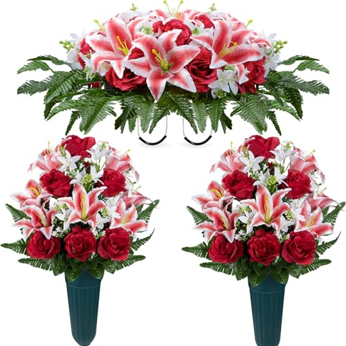 SIFOEL Selle di fiori artificiali per lapidi, fiori commemorativi del cimitero Bouquet di rose artificiali per decorazioni di lapidi all'aperto (Giglio rosso, sella e bouquet)