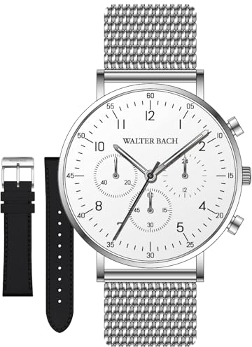 Walter Bach Herren Uhr mit Chronograph Quarzwerk I Silberne Armbanduhr mit weißem Ziffernblatt & Leder-Wechselarmband I 40 mm Durchmesser & gehärtetes Mineralglas I Uhr in Geschenkbox