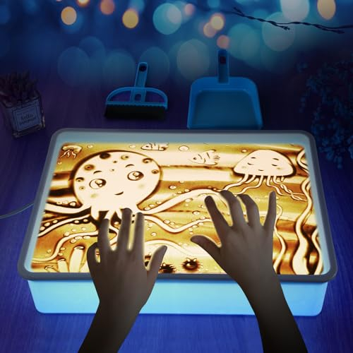 AtMini Sandmalerei Lichtkasten für Kinder mit 4 Packungen NatursandSand, Sandtablett Set für Kinder Sand Sensory Spielzeug ab 3 Jahr（blau）