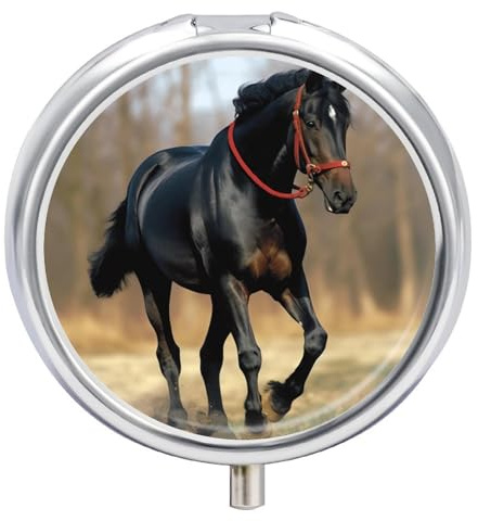 Round Pill Box with Mirror 3 Compartments Pill Organizer Portable Small Pill Case Weekly Horse on Lawn Medecine Case for Purse, Pocket, Travel, Vitamin, Supplements