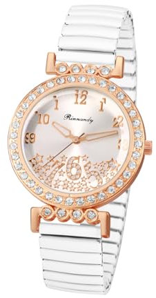 JewelryWe Damenuhr Elastisch Diamant Uhr: Glitzer Zirkonia Sterne Analog Quarz Armbanduhr Damen Weiß Edelstahl Stretch-Armband Lässige Uhr mit Zugarmband & leicht ablesbarem Digitalskala