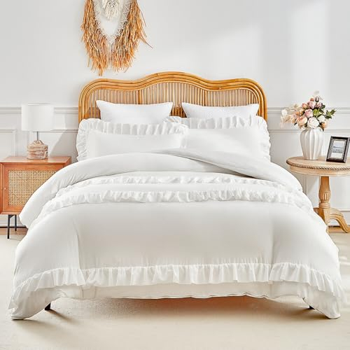Nayoroom Rüschen Bettwäsche 135x200 Weiß Romantisch Niedliche Cream Bettbezug 2 Teilig Angenehme Renforce Microfaser Aesthetic Bettwäsche-Sets und 1 Kissenbezüge 80x80 mit Reißverschluss
