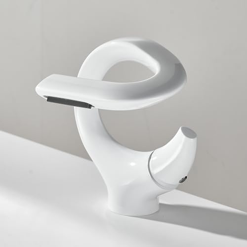 MocArt 7012 Cascada Grifo de Baño Creativo en Forma de S Grifo Mezclador de Lavabo Válvula Cerámica Diseño Ahorro de Agua (Blanco Elegante)