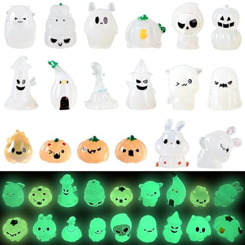 18 Stück Halloween Deko Miniatur Figuren Leuchtend Halloween Miniatur Geist Mumie Kürbis Mini Halloween Ornamente für Garten Horror Dorf Spukhaus Puppenhaus Bonsai Tisch Indoor Outdoor Halloween Party