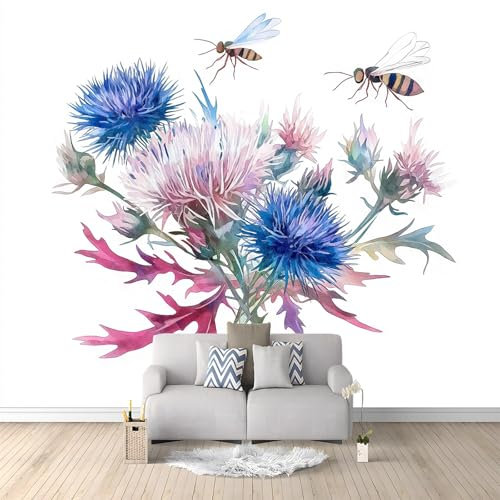 Wallpaper Wild Thistle Bouquet in Watercolor Bedroom Living Room 200 x 140 cm Non-Woven Premium Art Print Fleece Wall Mural Decoration Poster Picture Design Modern White