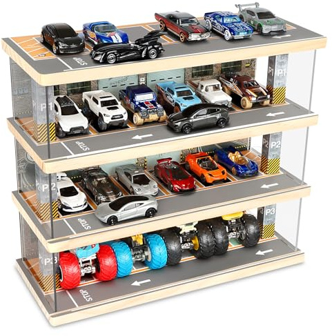 Saichotoy Display Case for Hot Wheels, Lighted 4-Tier Wooden Garage Storage | Lighted 4-Level Toy Car Storage for Hot Wheels & Matchbox, 1/64 Garage with 24 Spots Holds Up to 40 Cars, Cars Not Included