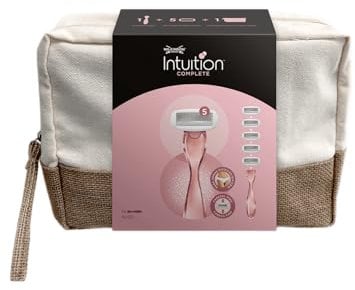 Wilkinson Sword Intuition Complete Kit de Viaje, Maquinilla Depilatoria de 5 Hojas para Mujeres y 5 Cabezales de Recambio de Afeitadora para Mujer, Neceser de Baño, Apto para Zonas Sensibles