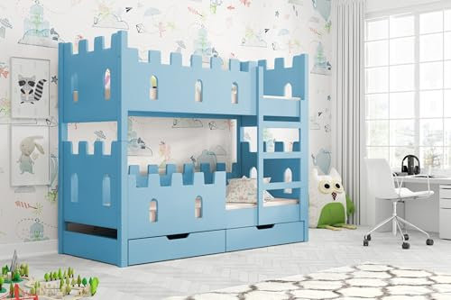 thematys Hochbett Etagenbett Schlossdesign mit Rausfallschutz INKL. 2 Matratzen Kinderbett für Jungen und Mädchen, robust, sicher, Zwei Schubladen, Lattenrost - 80x160 aus Kiefermassivholz