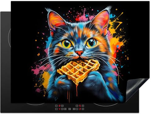 KitchenYeah© Protection Plaque Induction 71x52 cm Protege Deco Cuisine Cache Protège De Cuisson Accessoires Chat - Graffiti - Coloré - Gaufre - Nourriture
