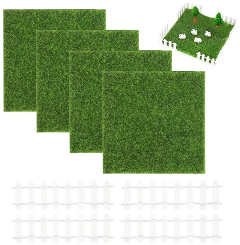 Liameph 4 Pieces Artificial Grass Mat,Model Grass with 4 PCS Garden Fence,Life-Like Miniature Garden Decoration Lawn for Gardens,Micro Landscapes,Balconies,Ornament Dollhouse Decoration(15×15cm)