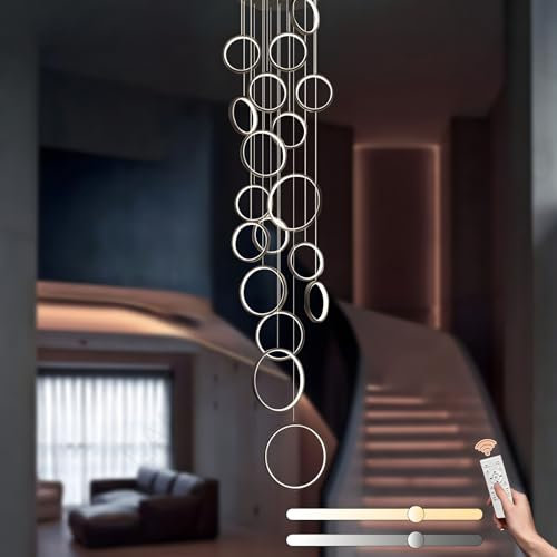 LAMPLAY Lámpara De Araña LED Para Escalera Larga, Lámpara De Techo Alto Con 18 Anillos Negros, Luz Colgante Ajustable En Altura Para Entrada De Bricolaje, Regulable Con Control Remoto 3000K-6000K