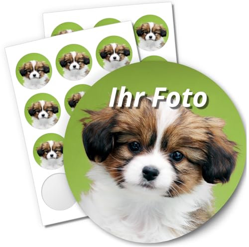 24 Aufkleber mit eigenem Foto PERSONALISIERT runde Etiketten 6cm mit individuellen Fotos Hochzeit Bild Logo Baby Geburtstag Schule Gastgeschenke Mitgebsel Taufe
