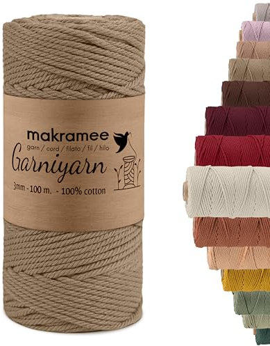 GARNIYARN Premium Makramee Garn 3mm – Weiches Baumwollseil für Macrame, DIY-Bastelprojekte, Wandbehänge, Pflanzenhänger und Wohnaccessoires, Stricken – 100% Natürlich Cotton – 3mm (Latte, 100m)