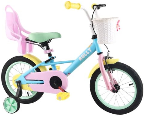 RULLY Girls Bike for 4 5 6 7 Years Children, 16 Inch Toddler Bicycle with Training Wheels, Doll Seat, Basket, Handbrake for Girls & Boys, Rainbow