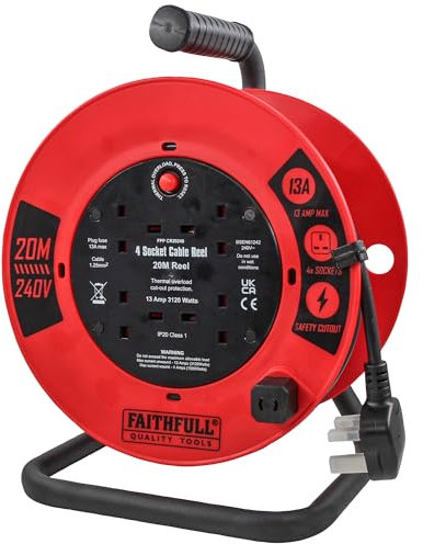 Faithfull 20M Open Cable Reel, 4 Socket Extension Lead with Winding Handle - 240V, 13A