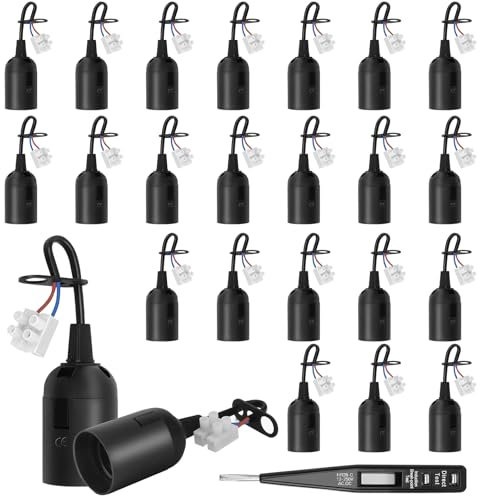 24 Stücke Fassung E27 Renovierfassung Lampenfassung Baustellenfassung E27+VDE-Spannungsprüfer, Baufassung mit Kabel,Schwarze Renovierfassung