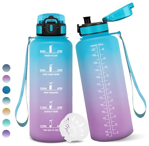 Botella Agua, 1,5 litro Libre de BPA, Botella Agua Gimnasio, Con Marca de Tiempo, Botellas de Agua, Diseño de Cerradura a Prueba de Fugas, Botellas de Agua Para Niños para Deportes - Azul&Morado