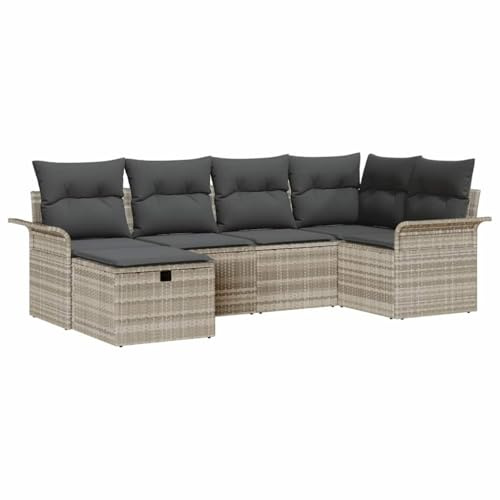 vidaXL 6-teiliges Garten-Sofa-Set mit Kissen in Hellgrau aus Poly-Rattan – Modulares Sitzmöbel für 5 Personen, wetterfest, bequem und stylisch für Balkons oder Terrassen
