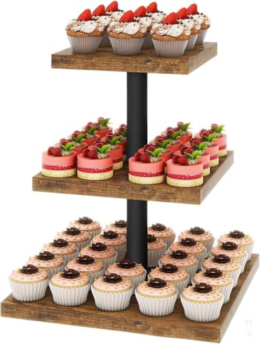 Buithafu 3-Tier Wooden Cupcake Stand for Weddings and Parties | Rustic brown square tower for desserts, birthdays, baby showers and home events