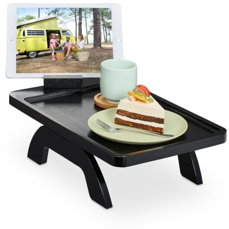Relaxdays Sofa Armrest Tray, Bamboo, with Phone Holder, 12 x 40.5 x 25 cm, Couch Organiser for Snacks & Drinks, Black