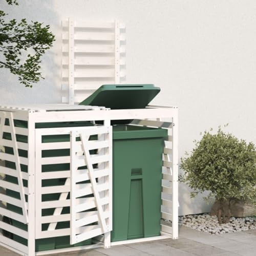 Mokuyary Extension d'abri de Poubelle sur roulettes Blanc pin Massif, Abri de Jardin Cache pour poubelles, Conteneur d'extérieur Coffre de Rangement